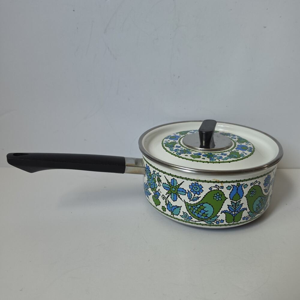 Vintage Fancipans Enamel Saucepan 1 Qt Lid Green Blue Bird Folk Art 1970s Retro